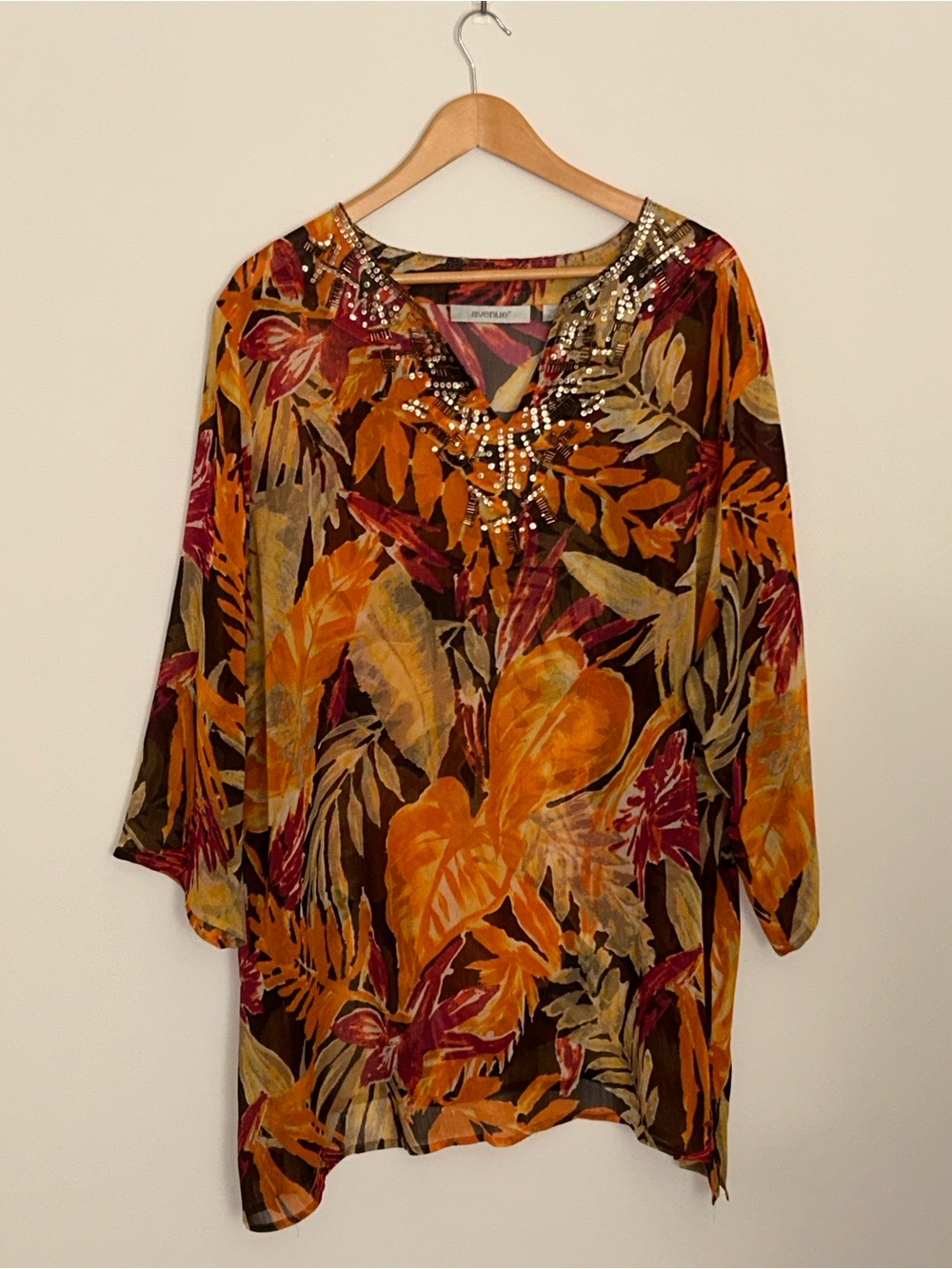 Avenue Beaded Autumn Leaf Print Tunic - Orange, Brown, Burgundy